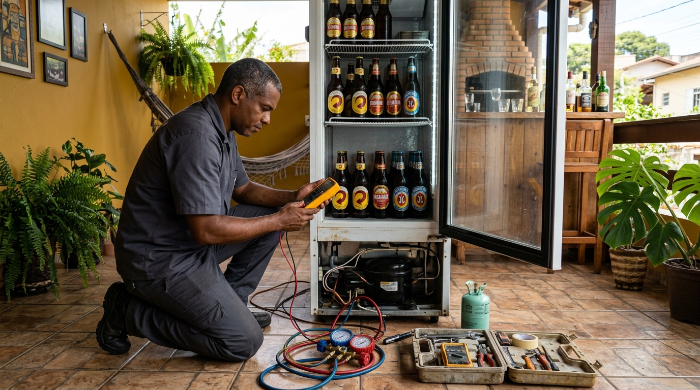 Placa eletrônica de cervejeira em reparo na bancada em Londrina‑PR