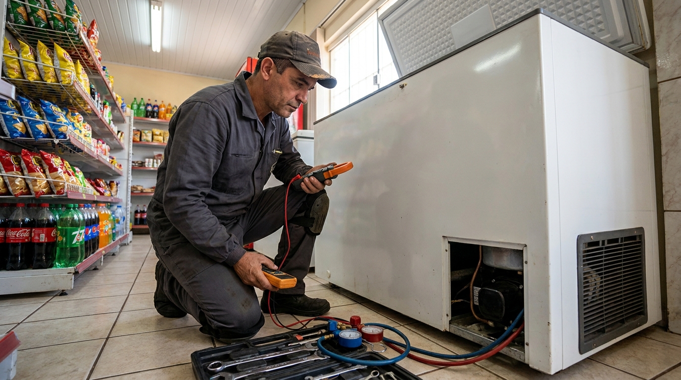Reparo da placa eletrônica de um freezer em atendimento em Londrina‑PR