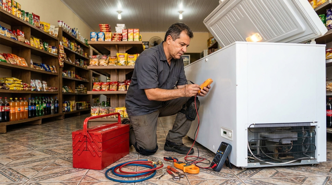 Manômetro conectado ao circuito durante recarga de gás de freezer em Londrina‑PR