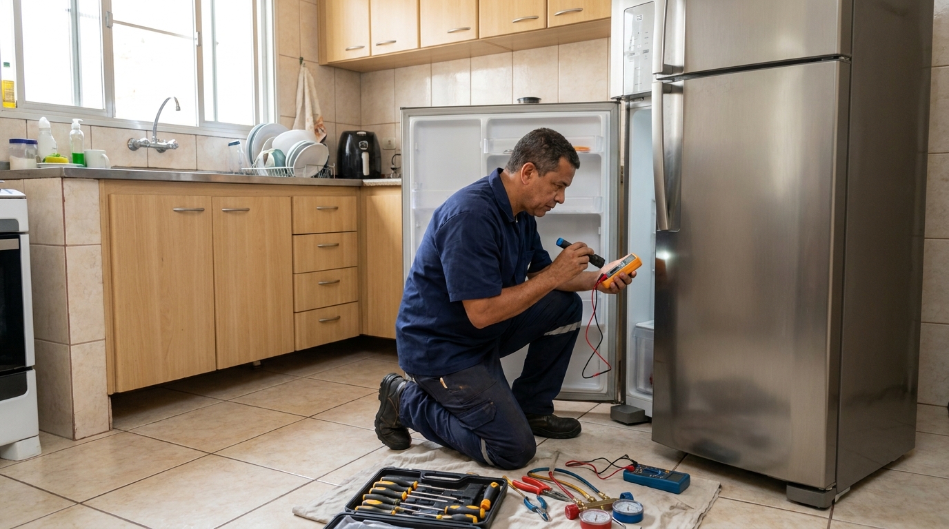 Técnico fazendo recarga de gás em geladeira de cliente em Londrina‑PR