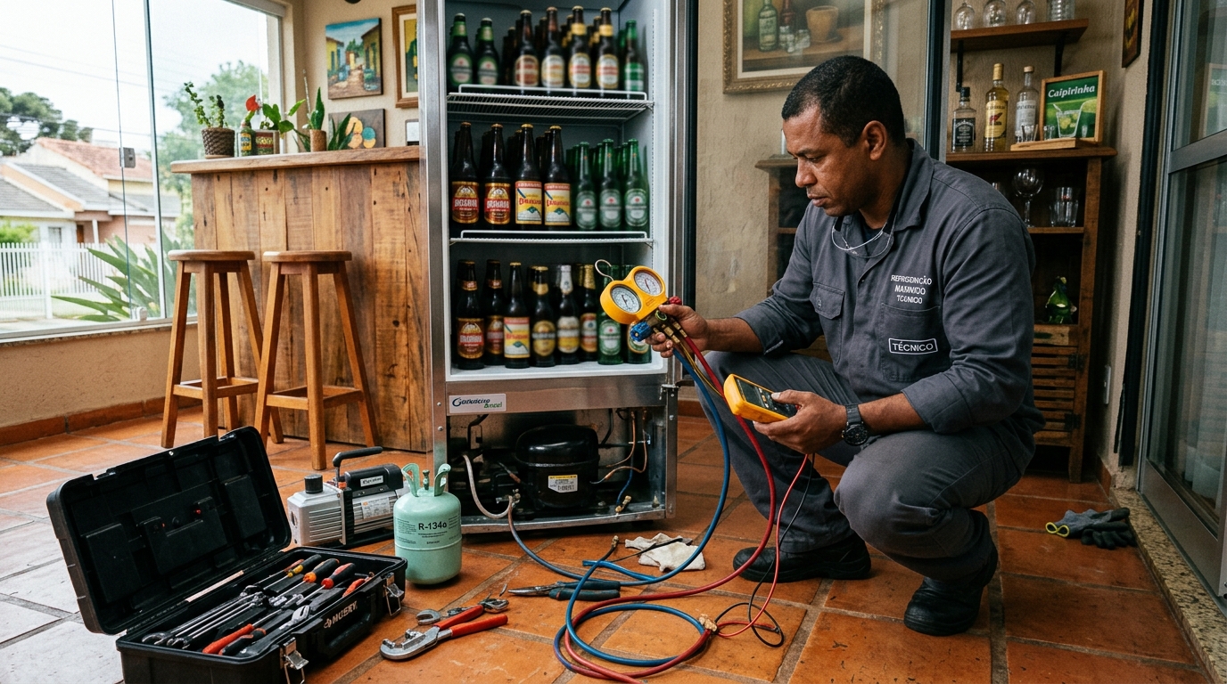Técnico conferindo a temperatura de uma cervejeira durante atendimento em Londrina‑PR