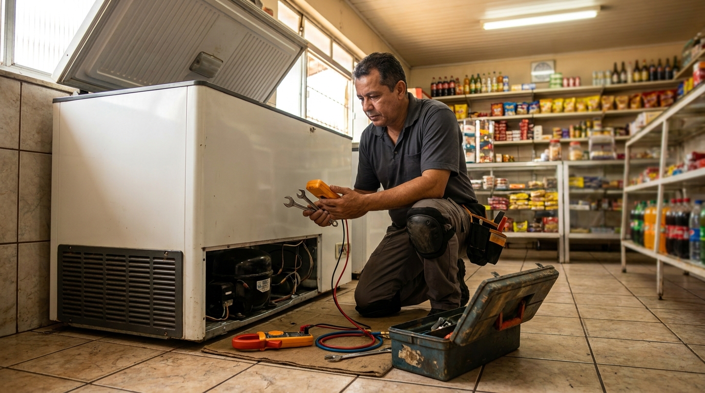 Técnico avaliando um freezer vertical durante atendimento em Londrina‑PR