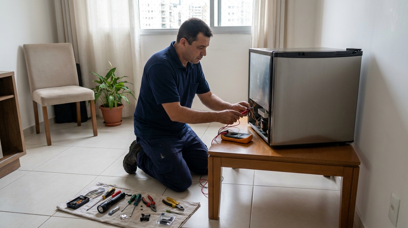 Técnico avaliando um frigobar compacto durante atendimento em Londrina‑PR